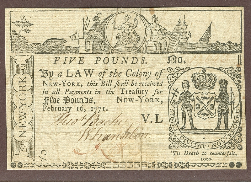 NEW New York Colony 5 Pound Note, February 16, 1771, Very Fine